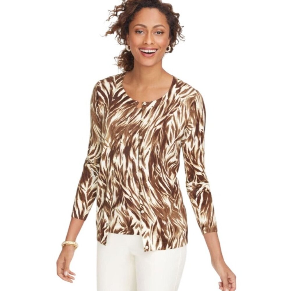 Talbots Women's Charming Cardigan Sweater XS Brown Feathered Waves Button Down